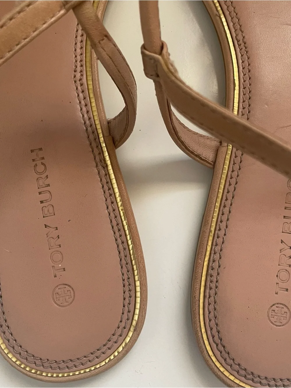 Tory Burch Tan Emmy Flat Leather Logo T-Strap Sandals with Gold Medallions